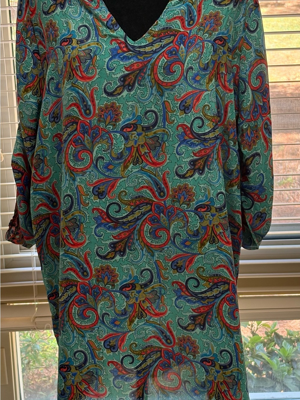 Women's Teal  Silk Paisley V-Neck Tunic